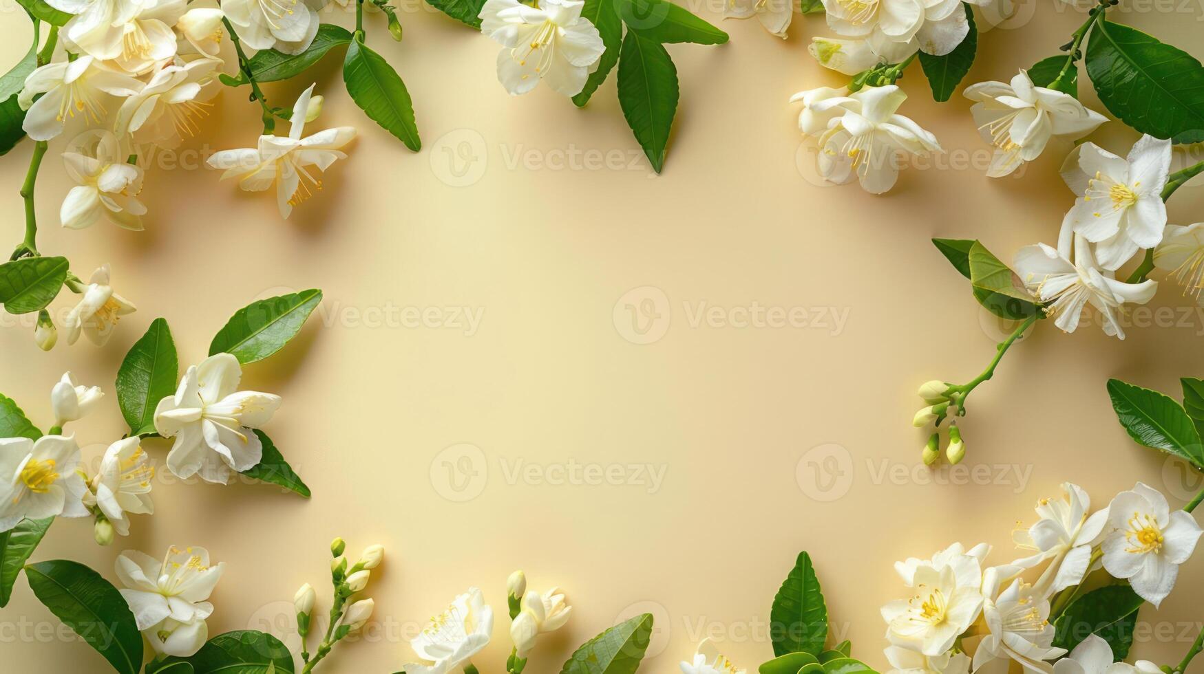 Delicate white jasmine flowers arranged elegantly around a soft beige background, perfect for invitations photo