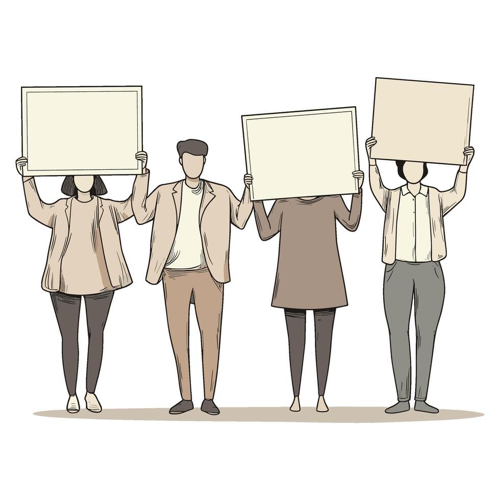 Group of Diverse People Holding Blank Signs in Minimalist Illustration vector
