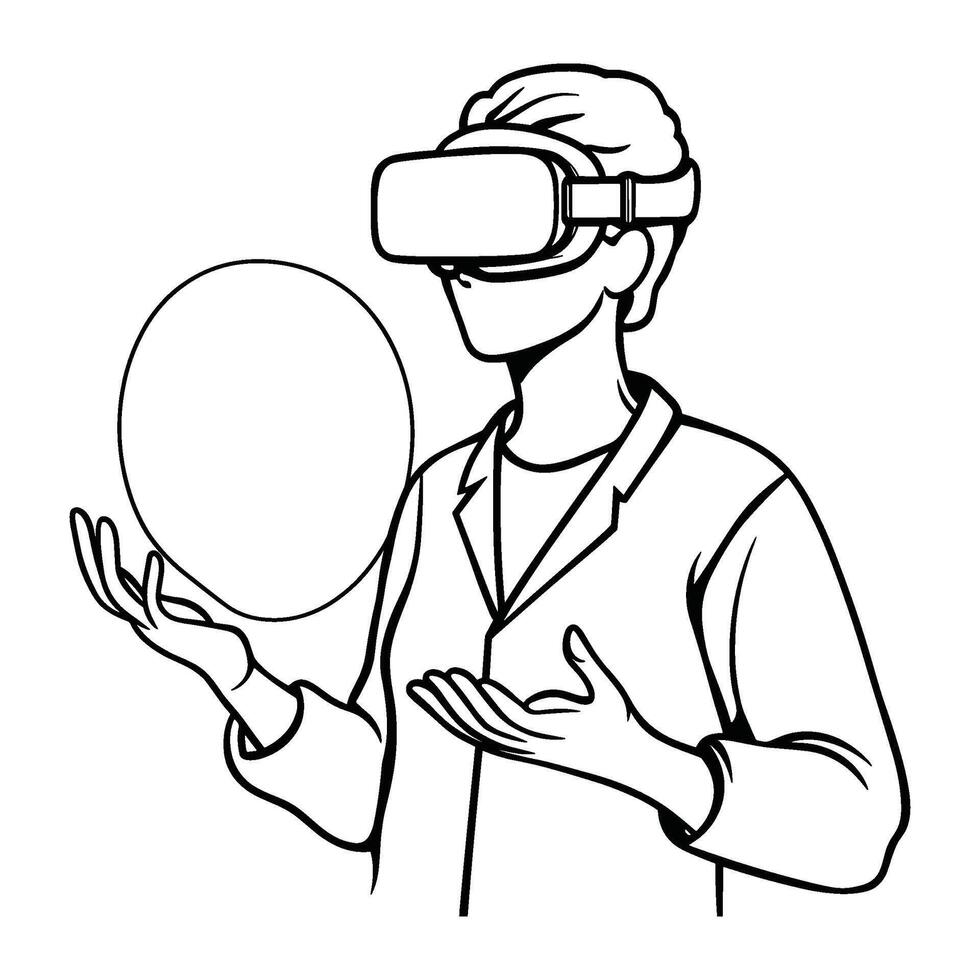 Man in Virtual Reality Holding Balloon in Minimal Style vector