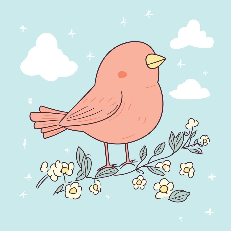 Cute Bird Perched on a Branch with Flowers vector