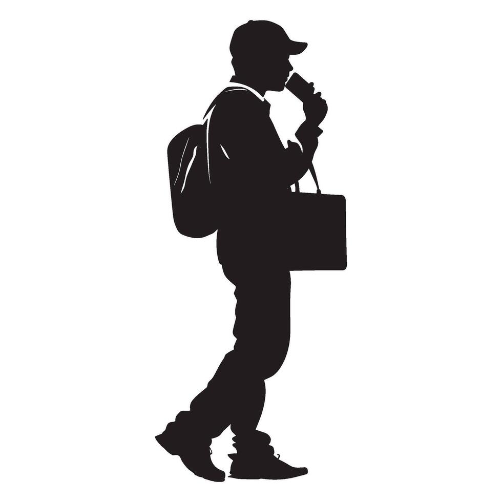Traveler Silhouette Walking with a Backpack in Motion vector
