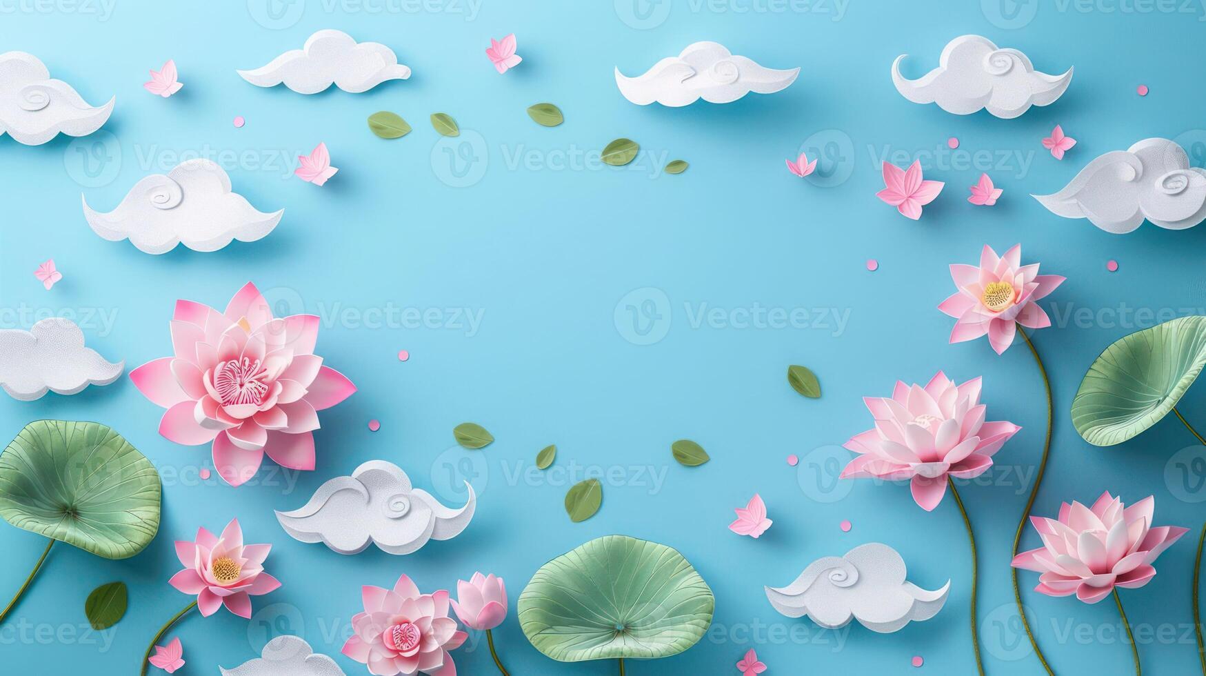 Colorful paper art of lotus flowers and clouds on a blue background, creating a serene atmosphere photo