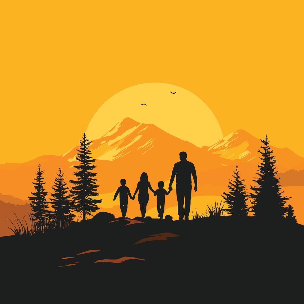 Silhouette of a Family Hiking at Sunset in a Forest vector