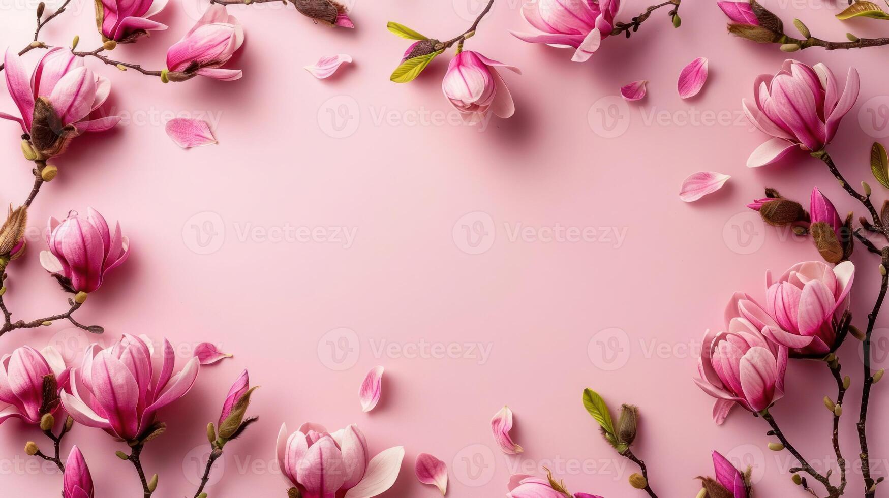 Delicate pink magnolia flowers arranged on a soft pink background with scattered petals, ideal for spring designs photo