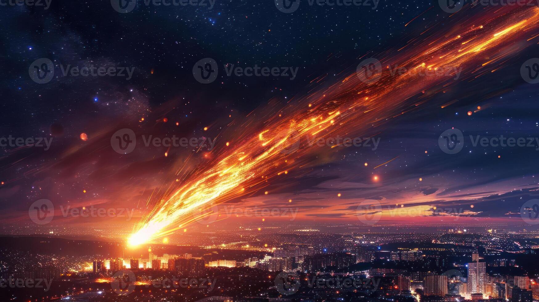 Dramatic meteor shower over a city skyline at dusk, illuminating the night sky with fiery trails photo