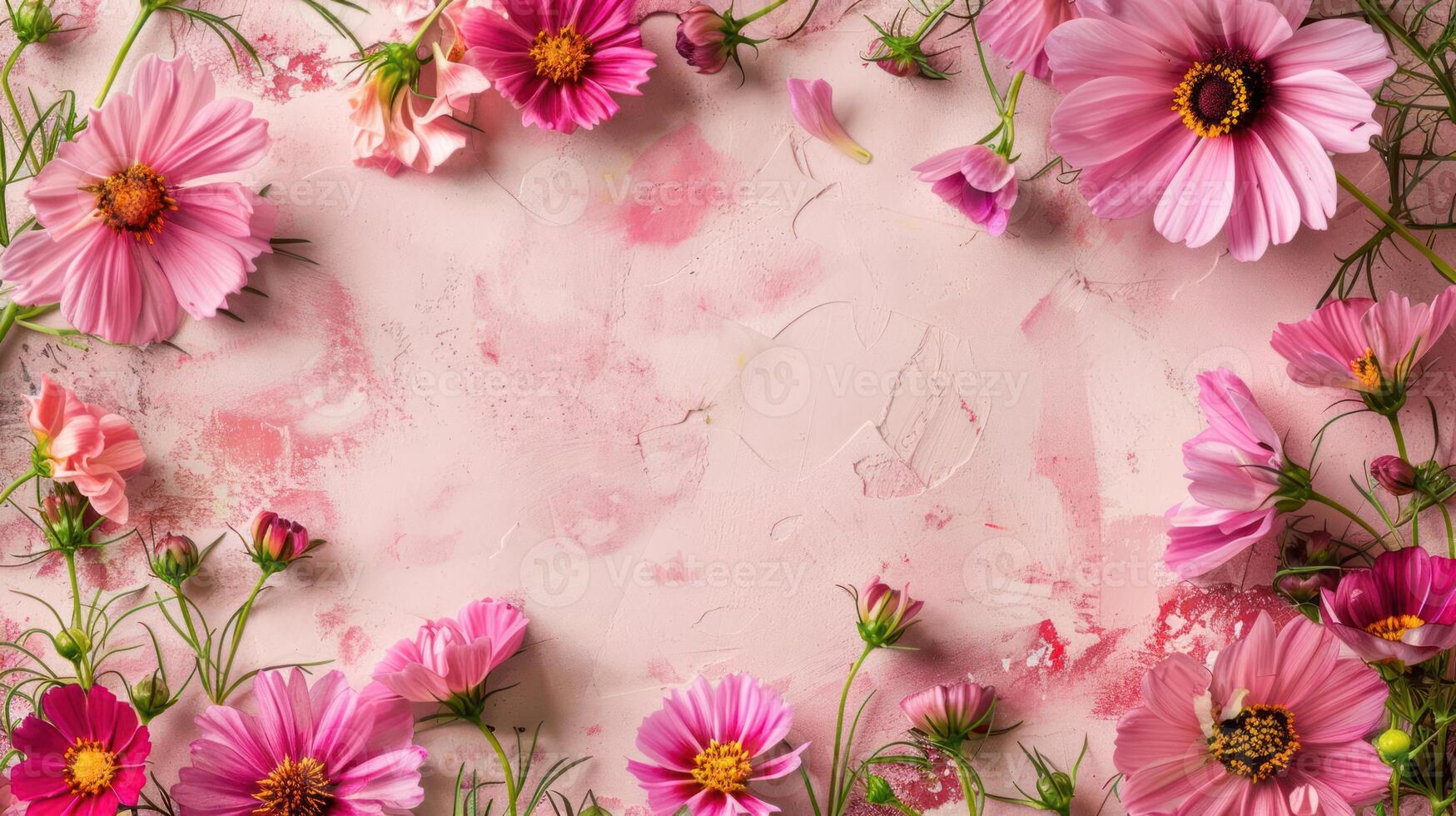 Beautiful arrangement of pink flowers on a textured pink background, creating a serene atmosphere photo