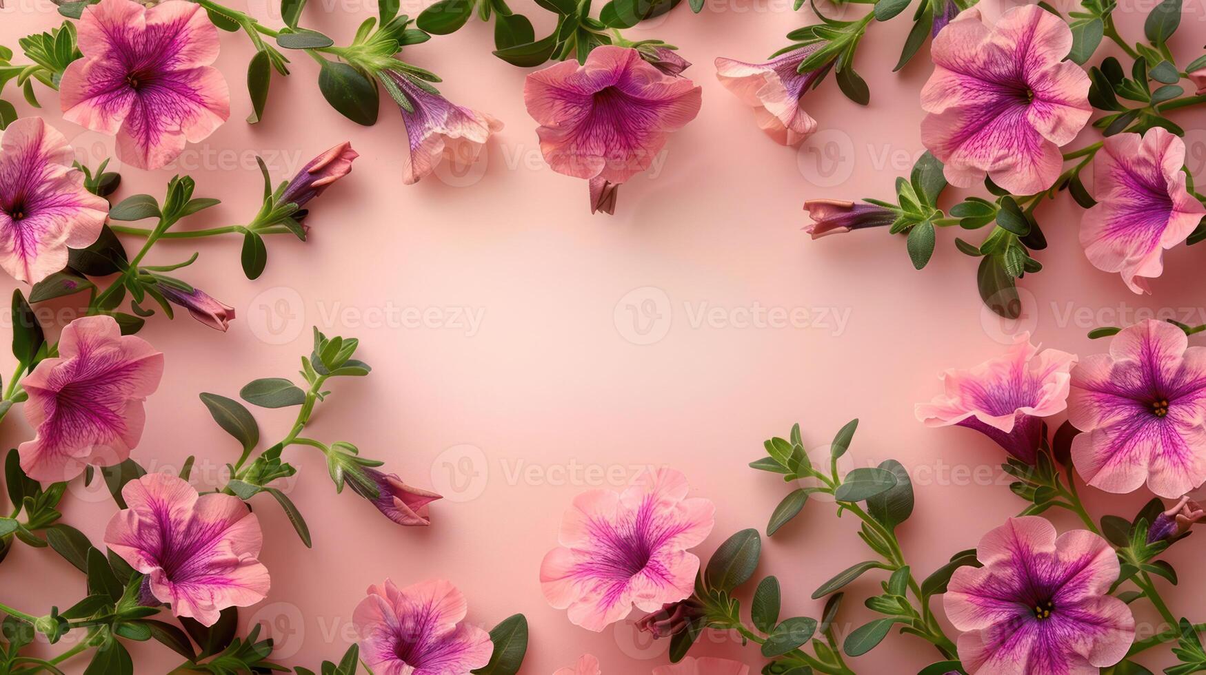 A vibrant arrangement of pink petunia flowers framing a soft pink background, ideal for floral design photo