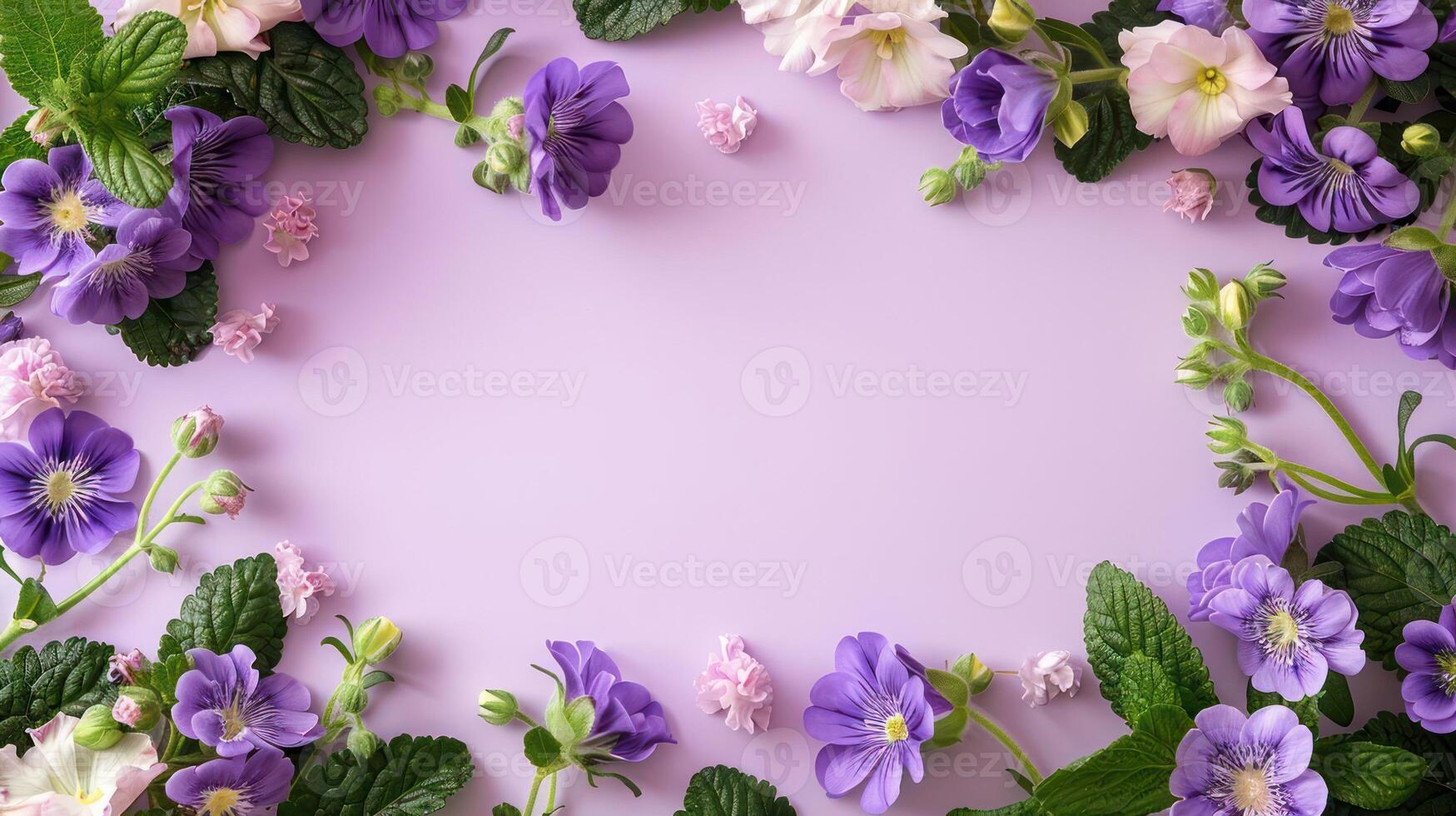 A vibrant arrangement of purple and pink flowers on a pastel background, creating a serene atmosphere photo