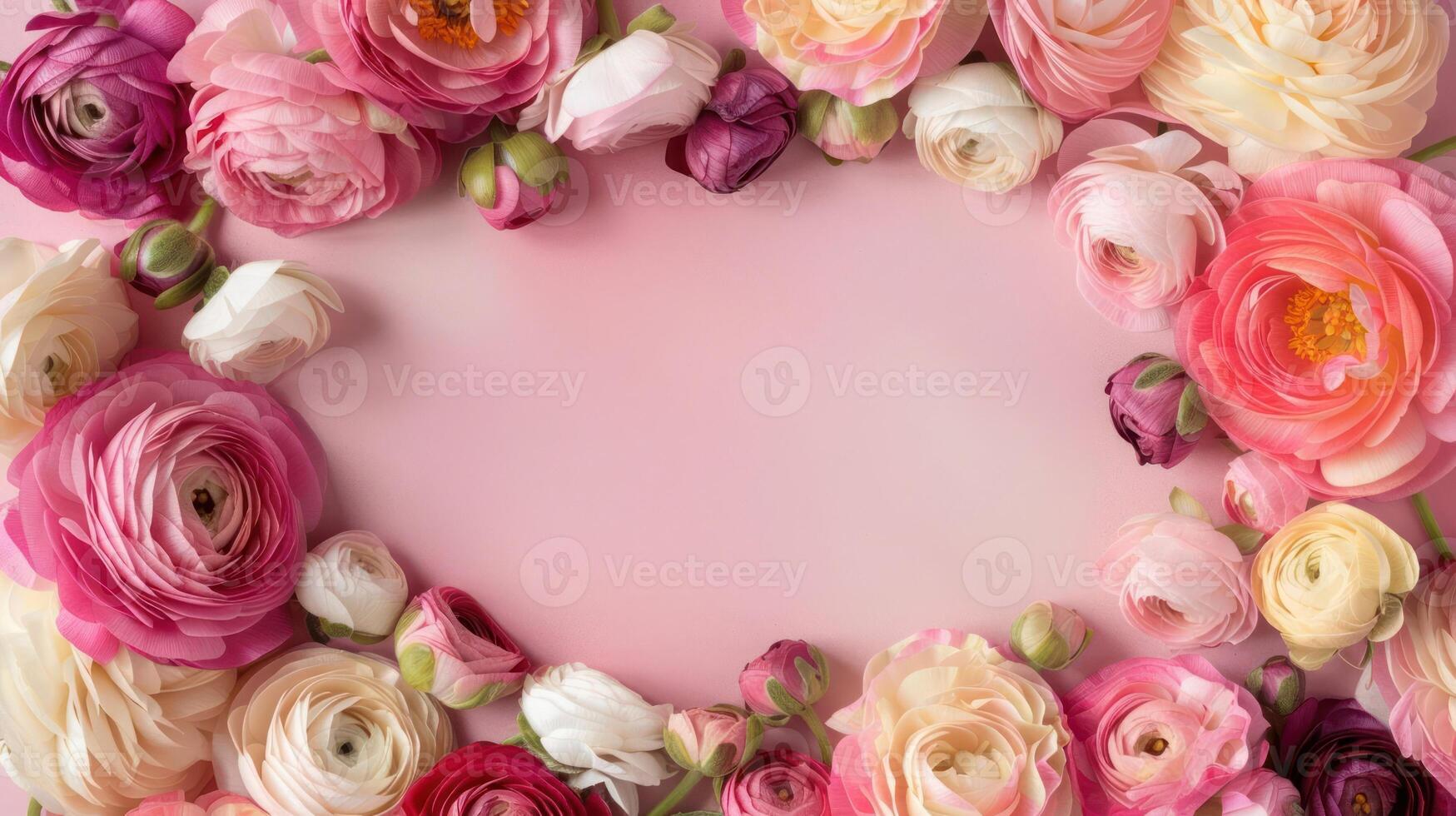 A vibrant arrangement of colorful ranunculus flowers framing a soft pink background, perfect for invitations photo