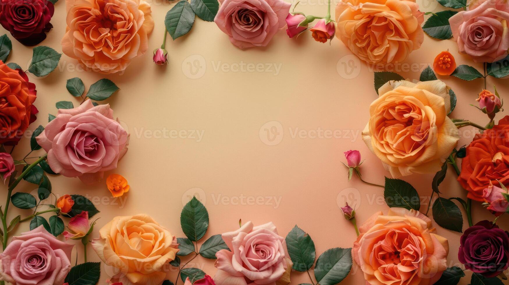 Vibrant floral arrangement featuring various roses in shades of pink, orange, and red on a soft background photo