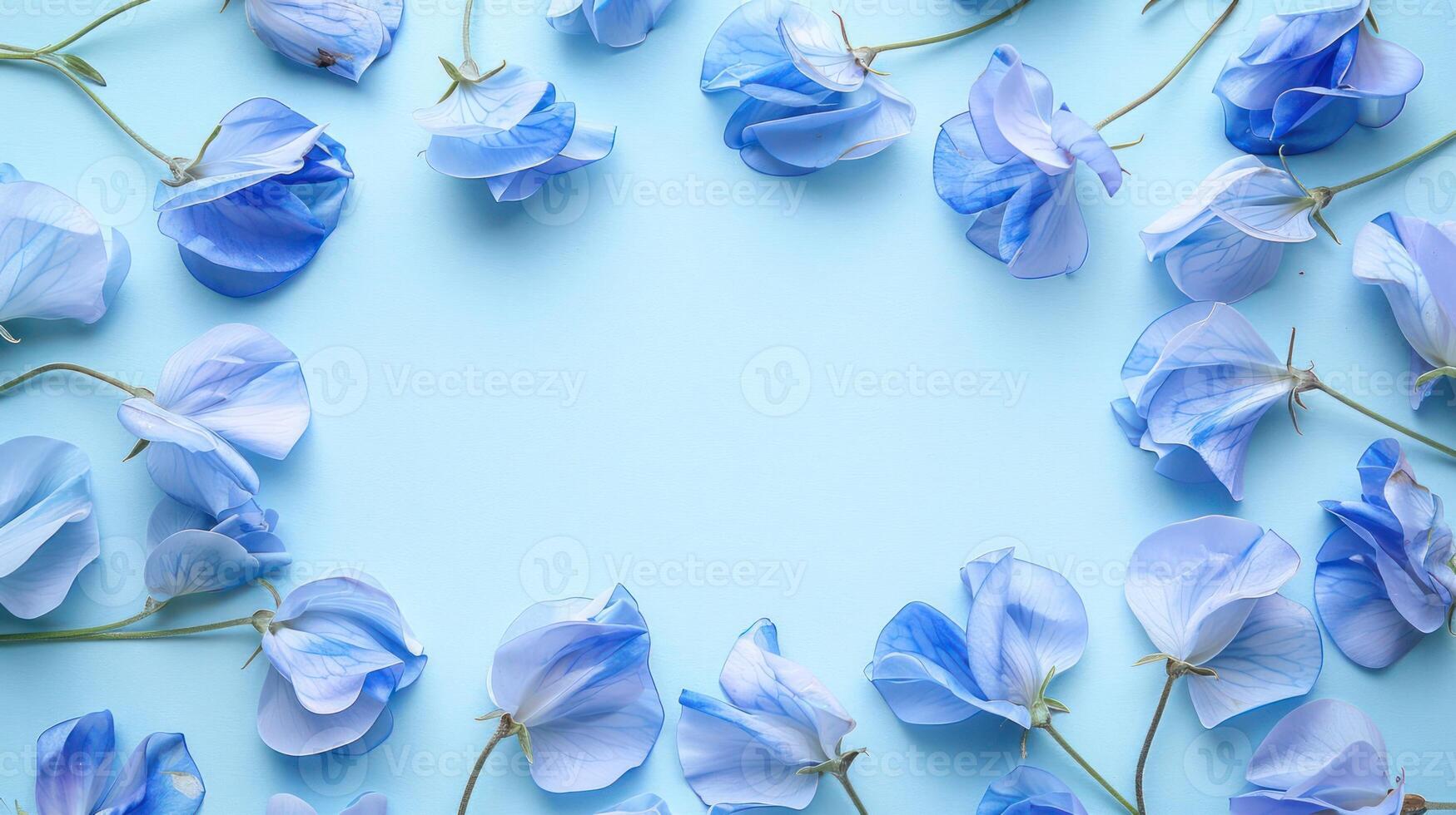 Delicate blue flowers arranged in a circular pattern on a soft blue background, creating a serene atmosphere photo