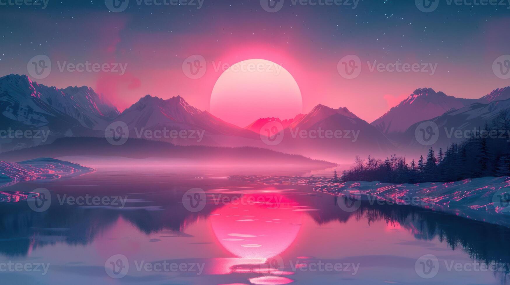Serene sunset over tranquil lake surrounded by majestic mountains and reflective water photo