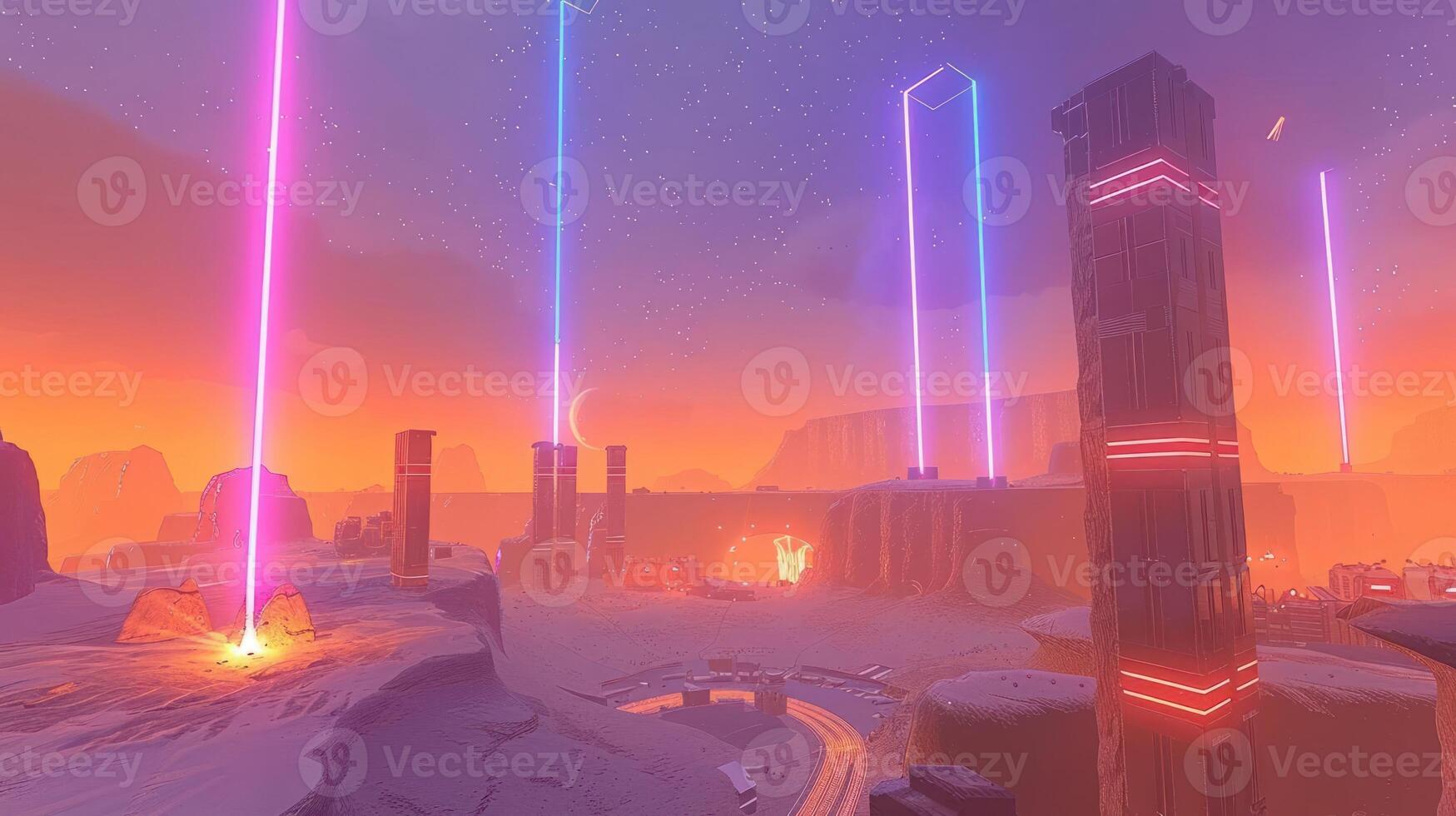 Futuristic landscape with glowing pillars under a starry sky at sunset, showcasing vibrant colors photo