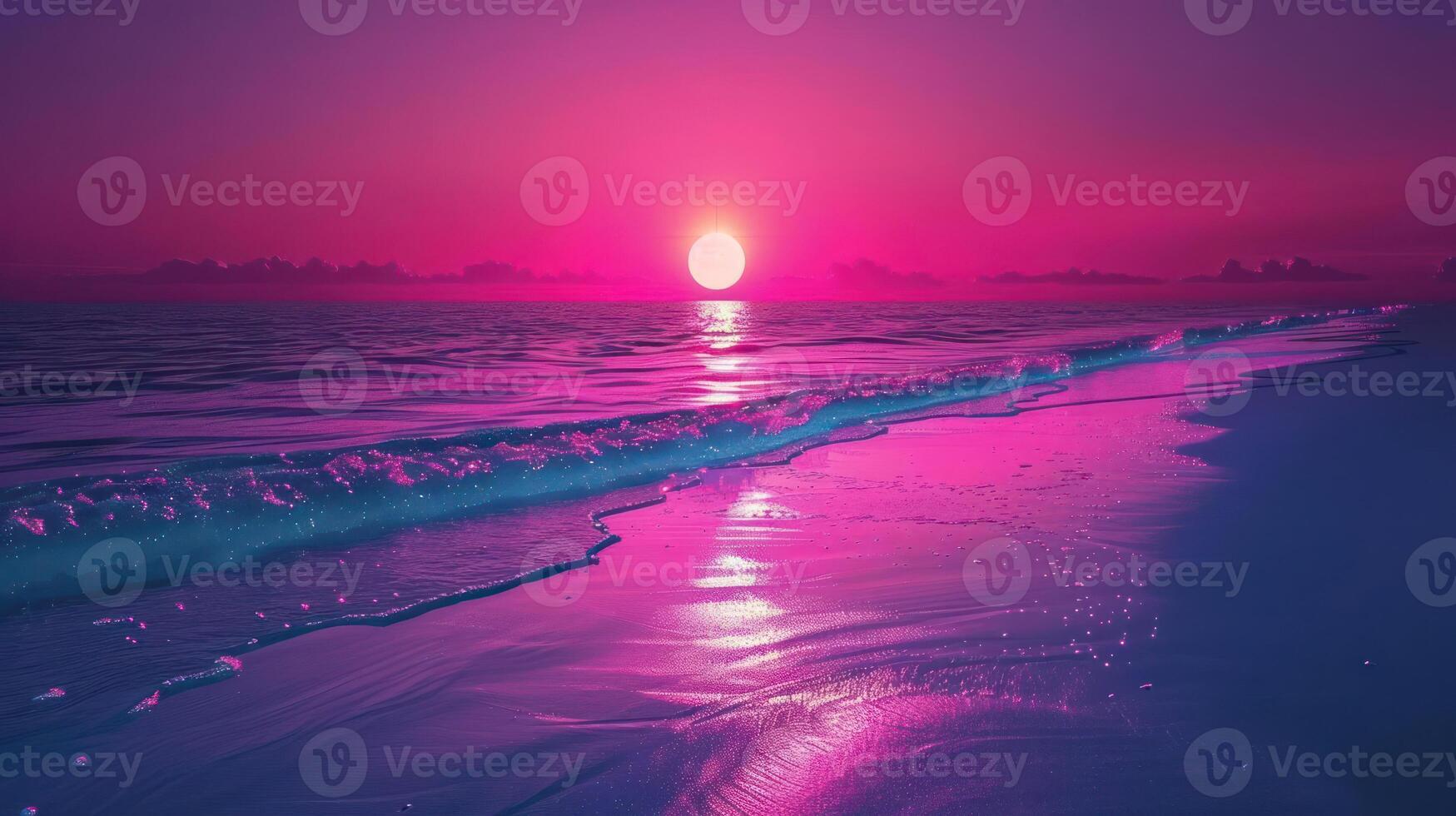 Vibrant sunset over a serene beach with gentle waves reflecting pink hues, peaceful atmosphere photo