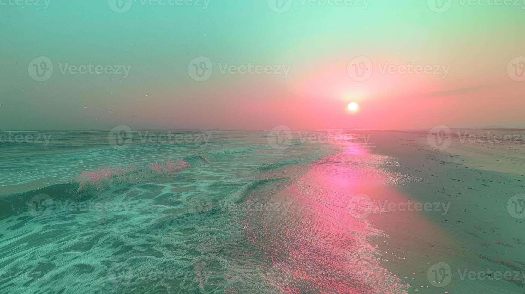 Serene beach sunset with gentle waves reflecting vibrant colors, evoking peace and tranquility photo