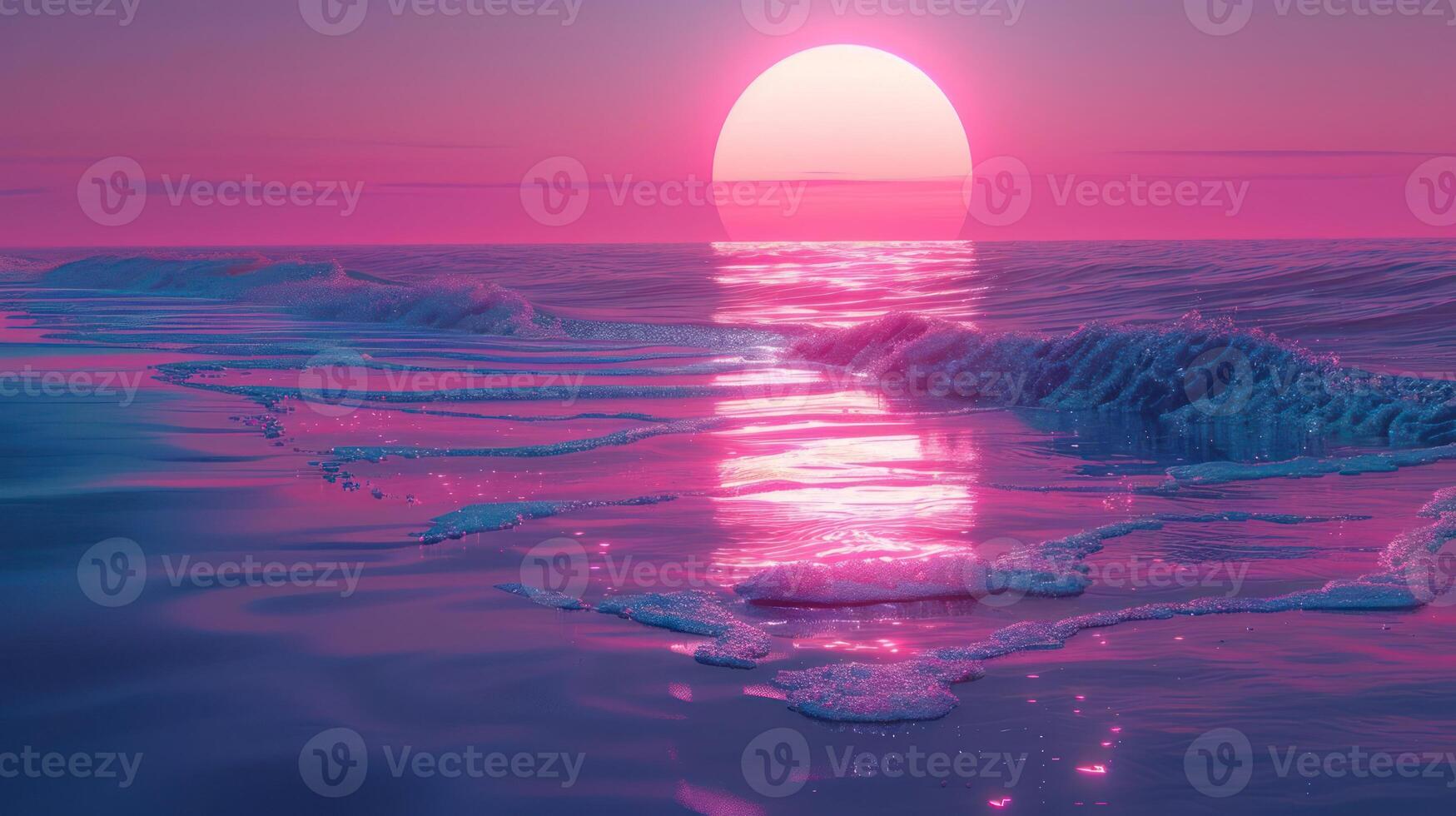 Serene sunset over calm ocean waves reflecting vibrant pink and purple hues at twilight photo