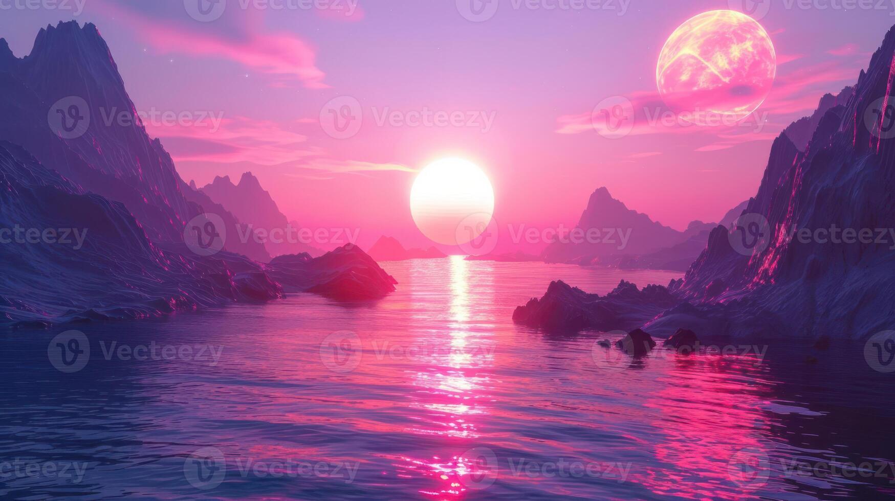 Surreal landscape with vibrant pink sunset over tranquil waters and distant mountains photo
