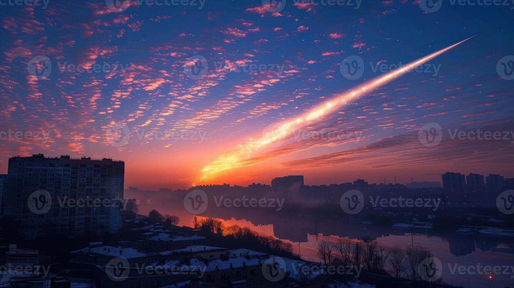Stunning sunset over a river with a meteor streaking across a colorful sky photo