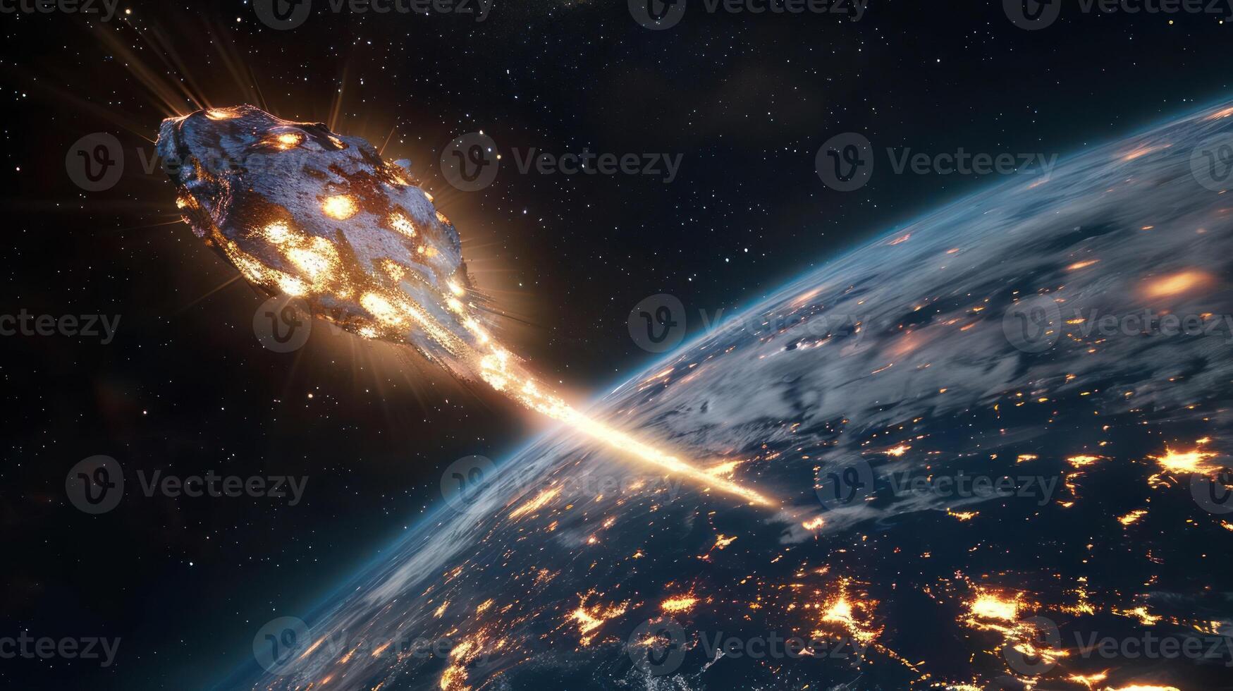 A dramatic view of a fiery meteor entering Earth's atmosphere, illuminating the night sky photo