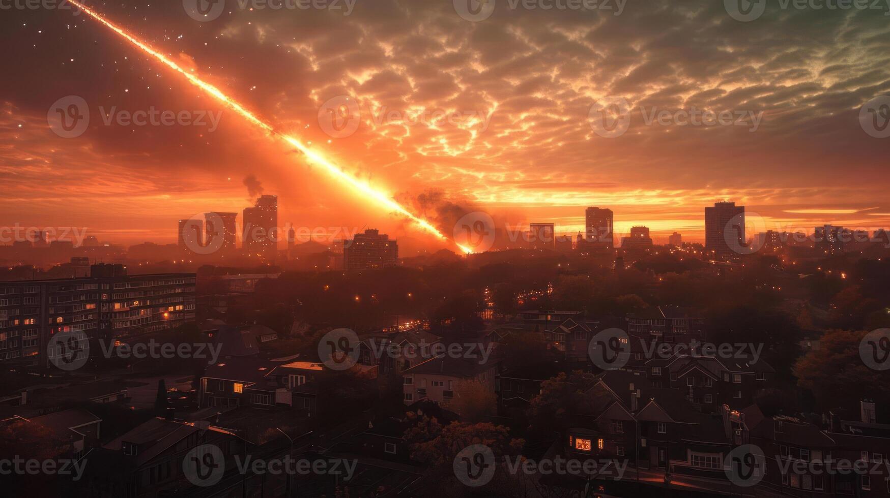 Dramatic sunset over city skyline with meteor streaking across the sky, creating chaos below photo