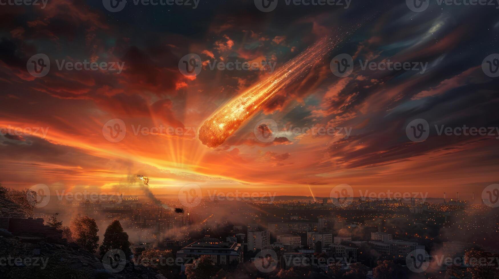 Dramatic sunset over a cityscape as a comet streaks across the sky, illuminating the horizon photo