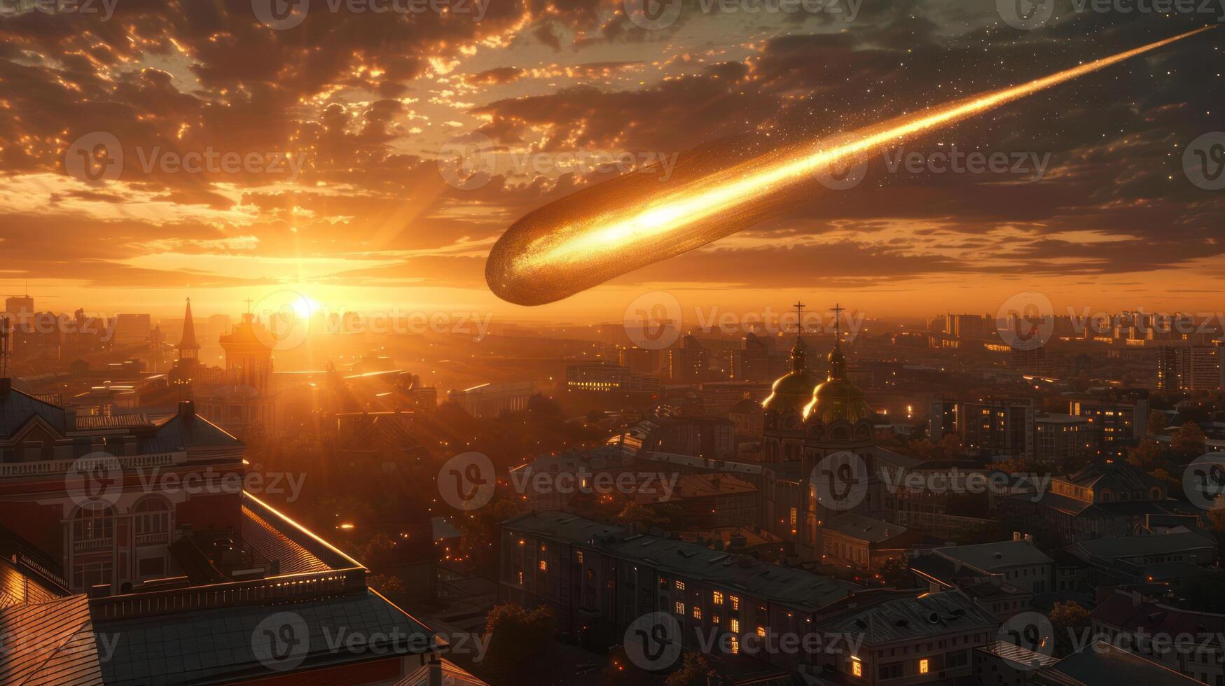 Dramatic sunset over a city skyline with a meteor streaking across the sky, creating awe photo