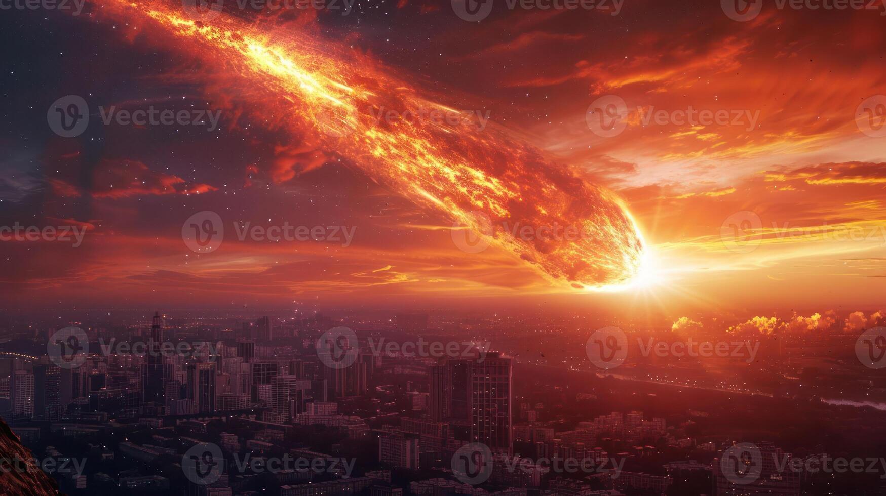 Dramatic sunset view of a city skyline with a fiery meteor streaking across the sky photo