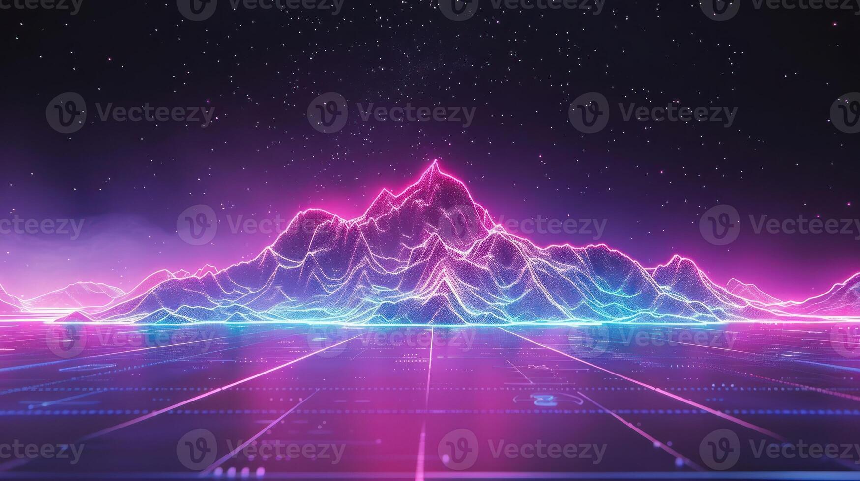 Futuristic neon mountain landscape with glowing lines and starry sky, ideal for digital art photo
