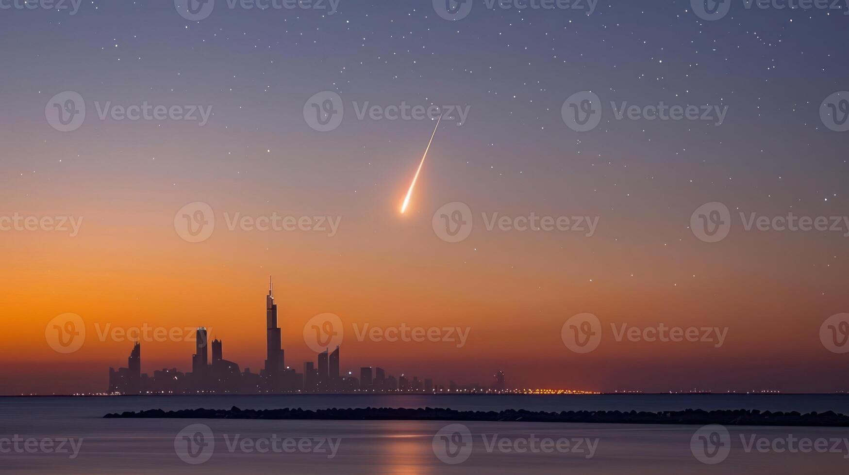 Meteor streaks across the twilight sky above a city skyline with reflections on water photo