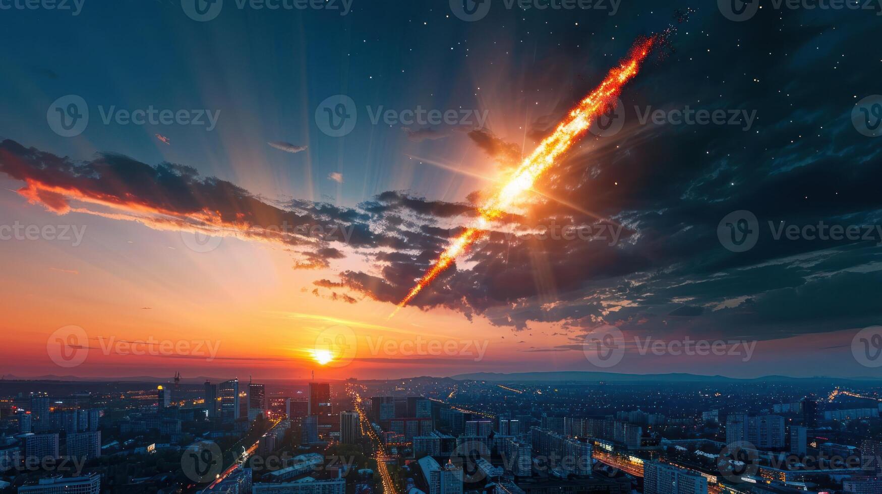 Dramatic sunset view over a city skyline with a meteor streaking across the sky photo