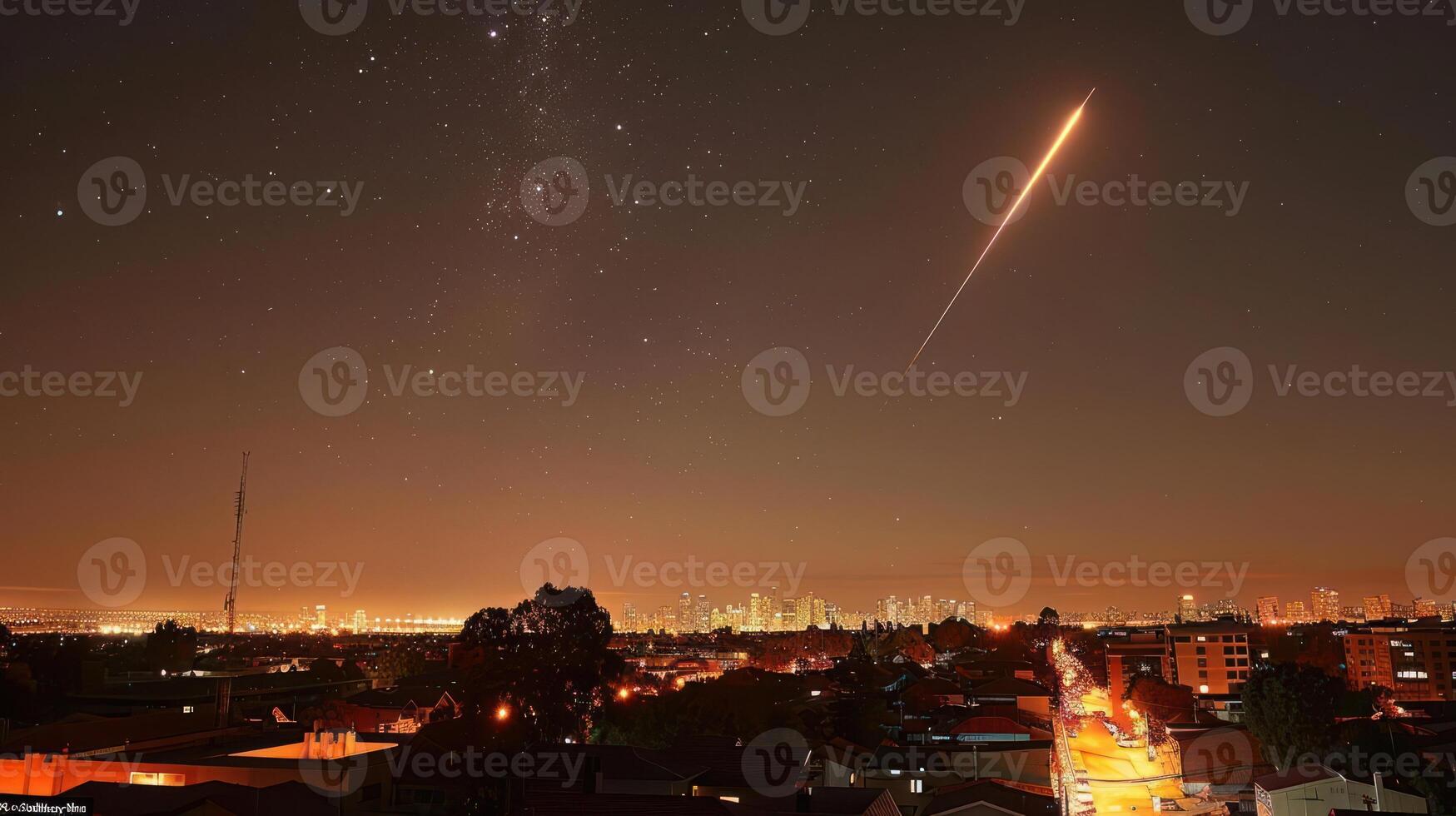 Night sky over a city skyline featuring a meteor streaking across the horizon photo