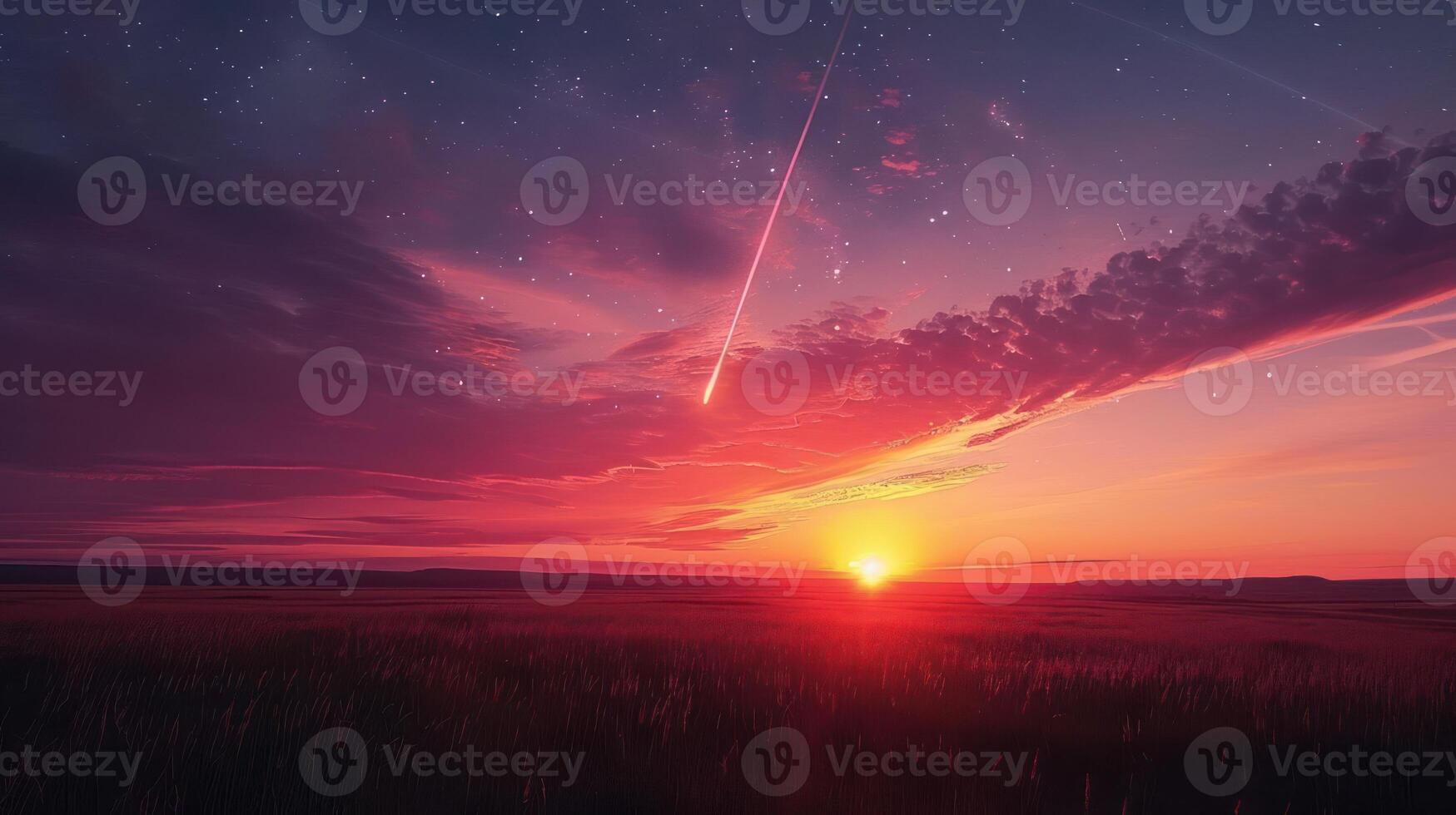 Stunning sunset over a vast field with a meteor streaking across the colorful sky photo