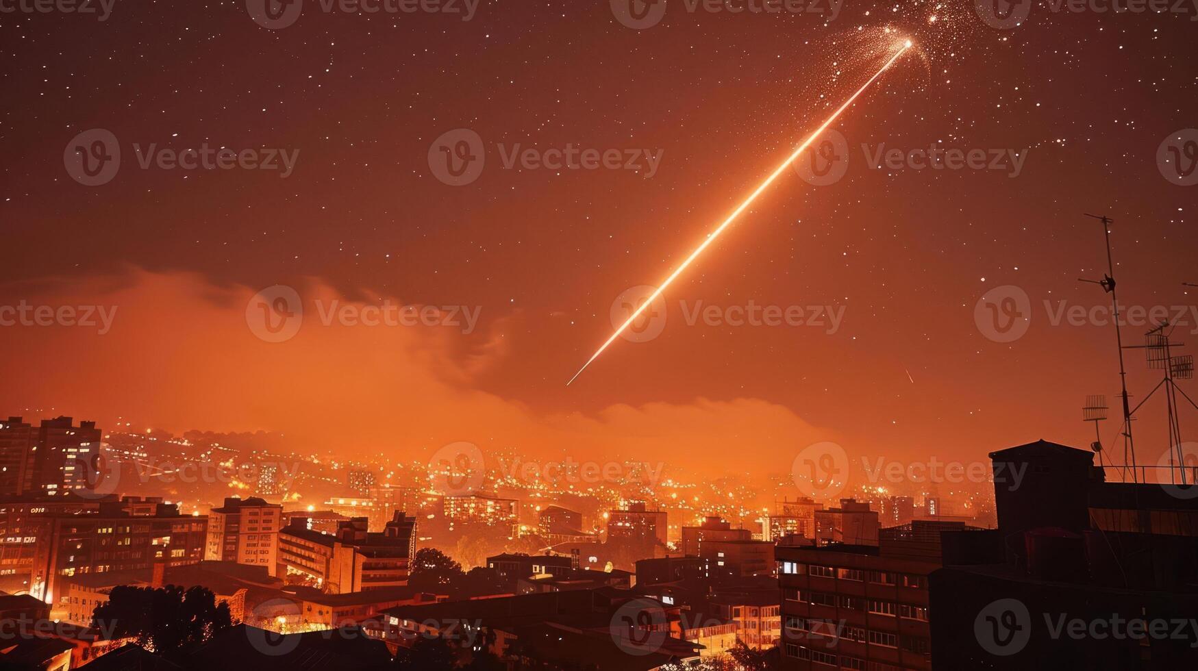 Dramatic night skyline with a meteor streaking across the sky over a bustling cityscape photo