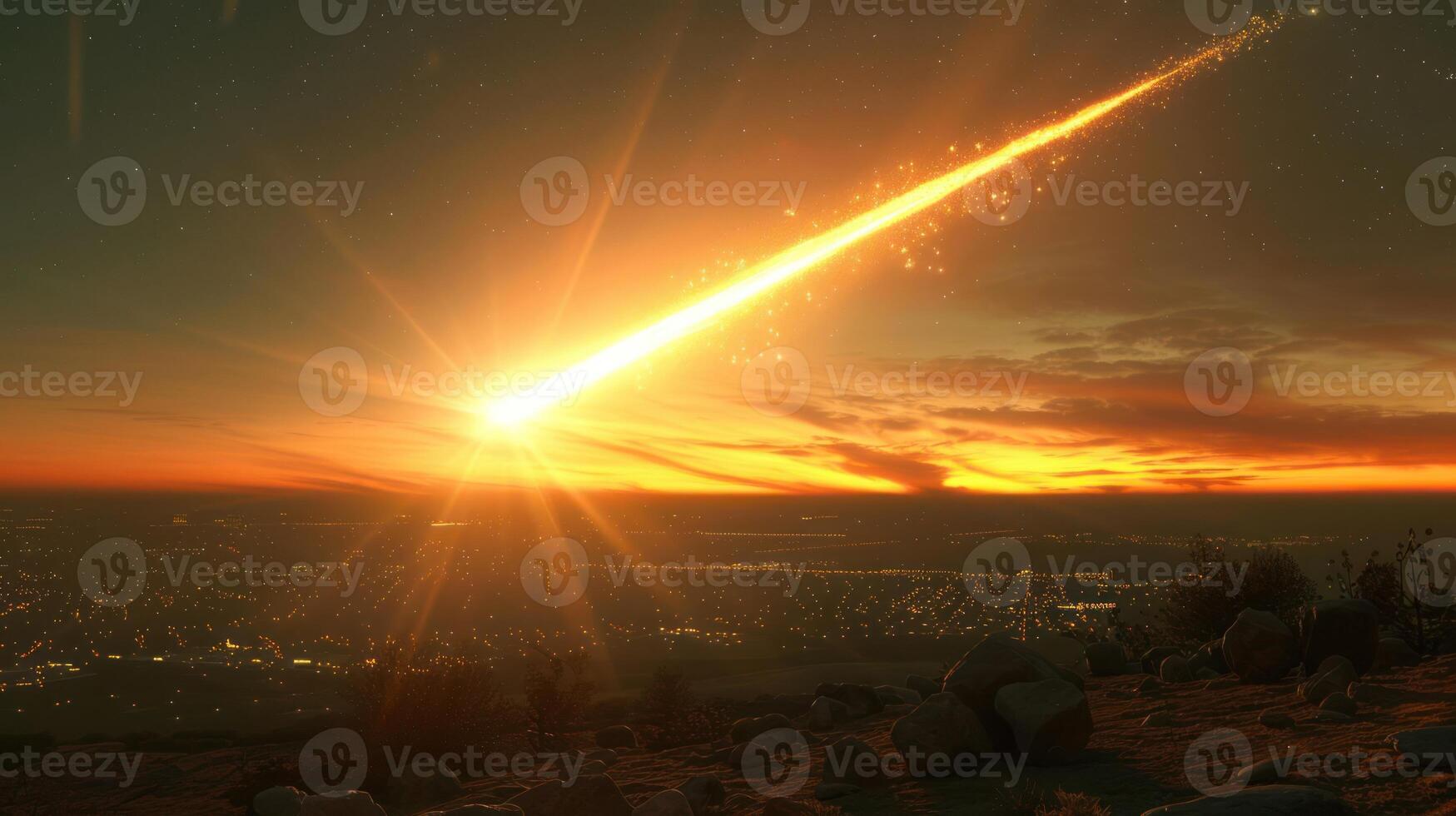 A vibrant sunset sky illuminated by a meteor streaking across the horizon over a cityscape photo
