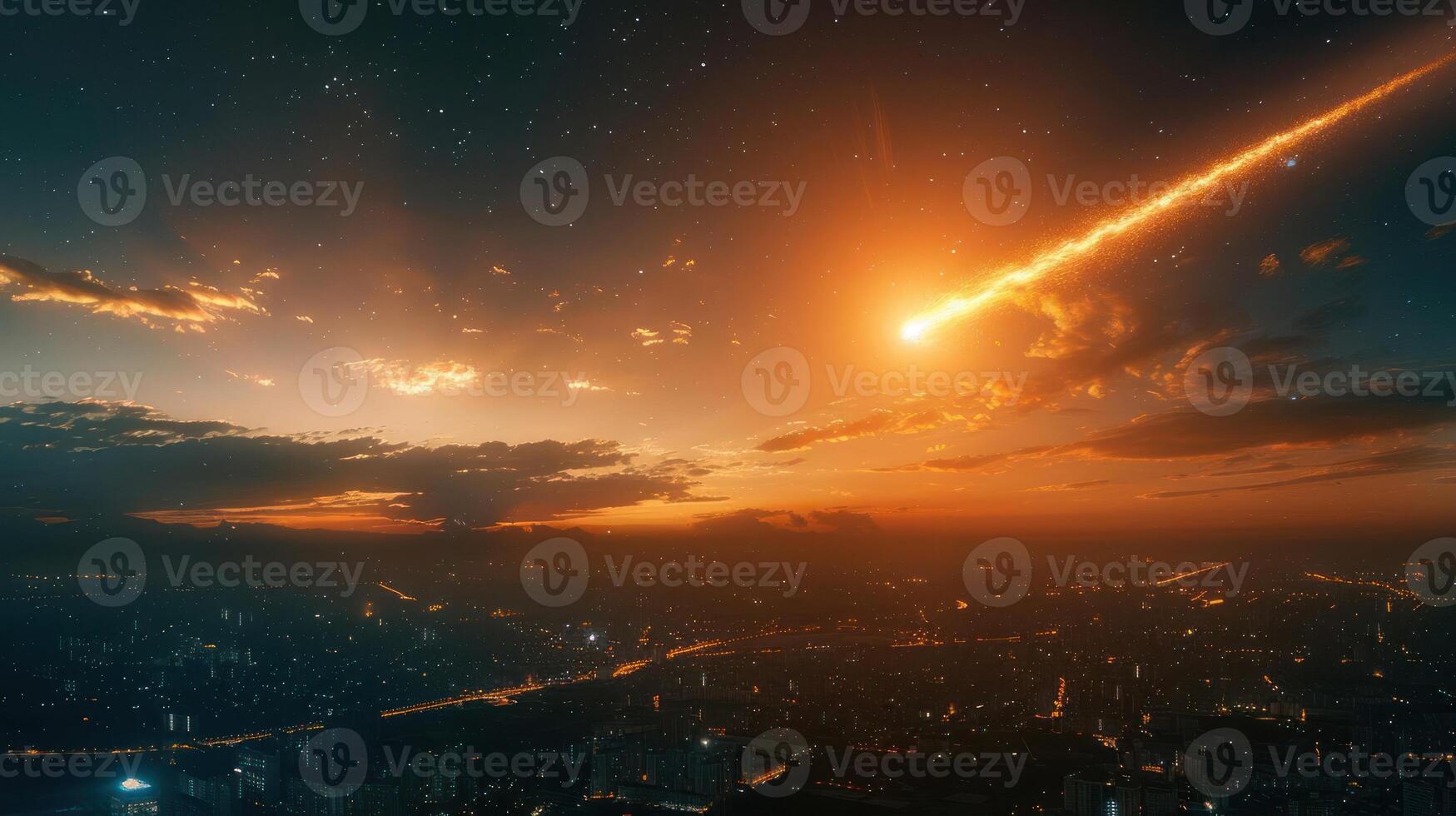 Stunning sunset over a city skyline with a meteor streaking across a colorful sky photo