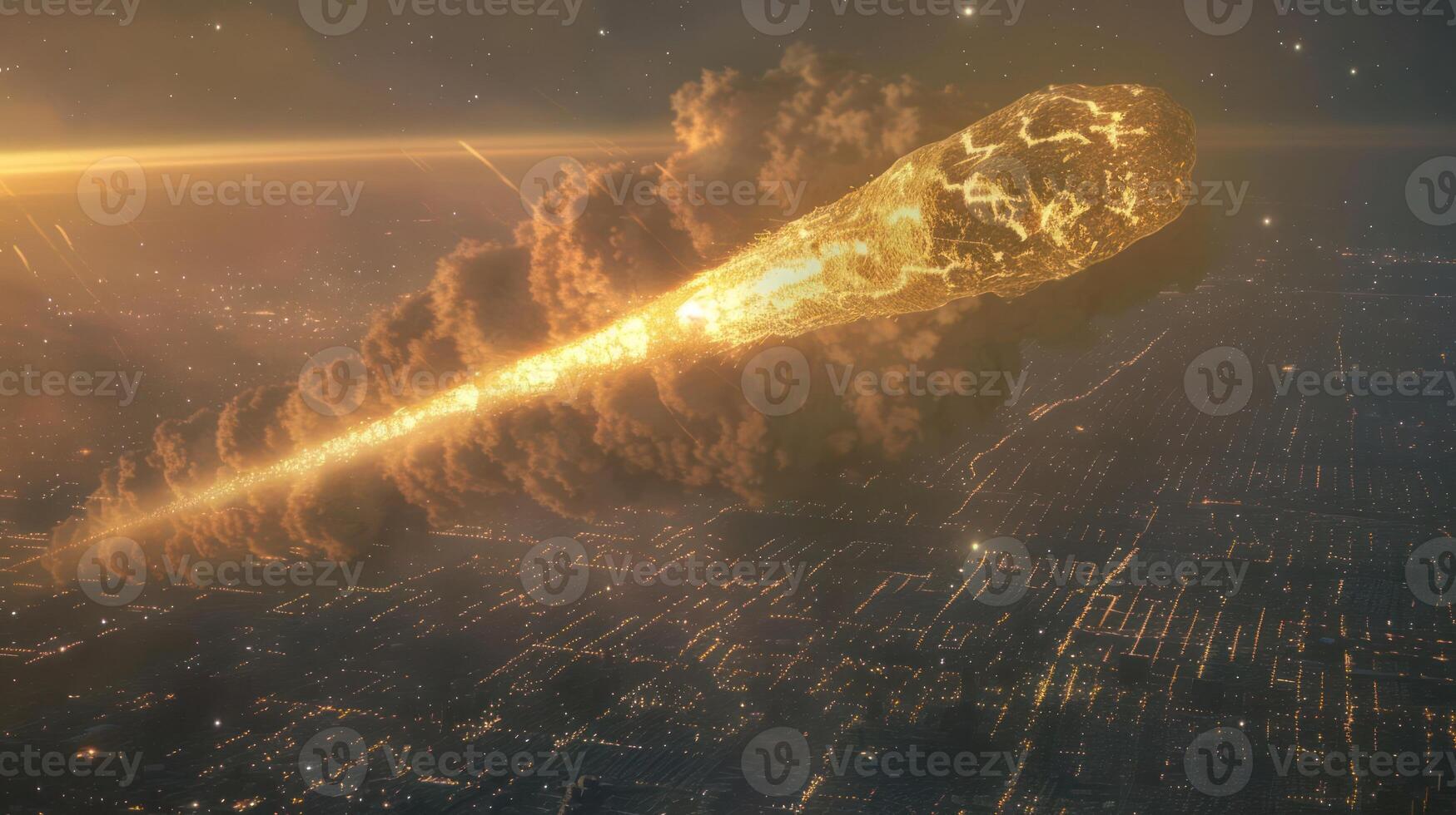 A fiery meteor streaks across the night sky above a vibrant cityscape illuminated by lights photo