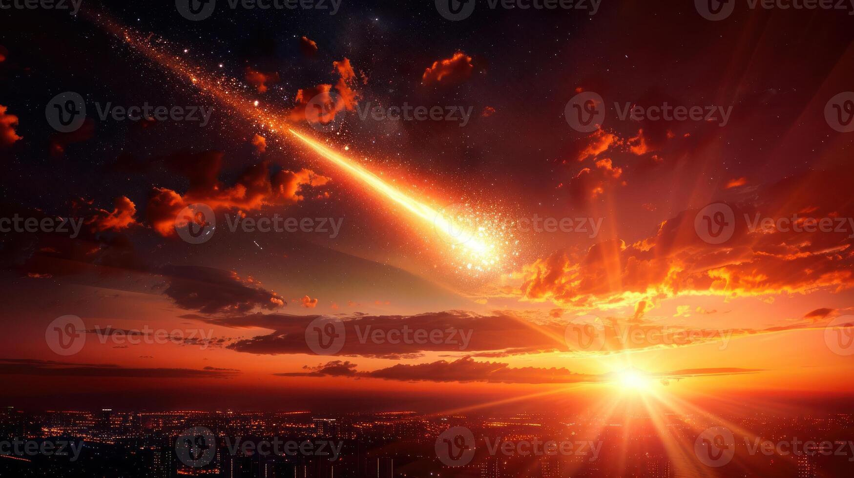 Dramatic meteor shower over a vibrant city skyline at sunset, illuminating the night sky photo