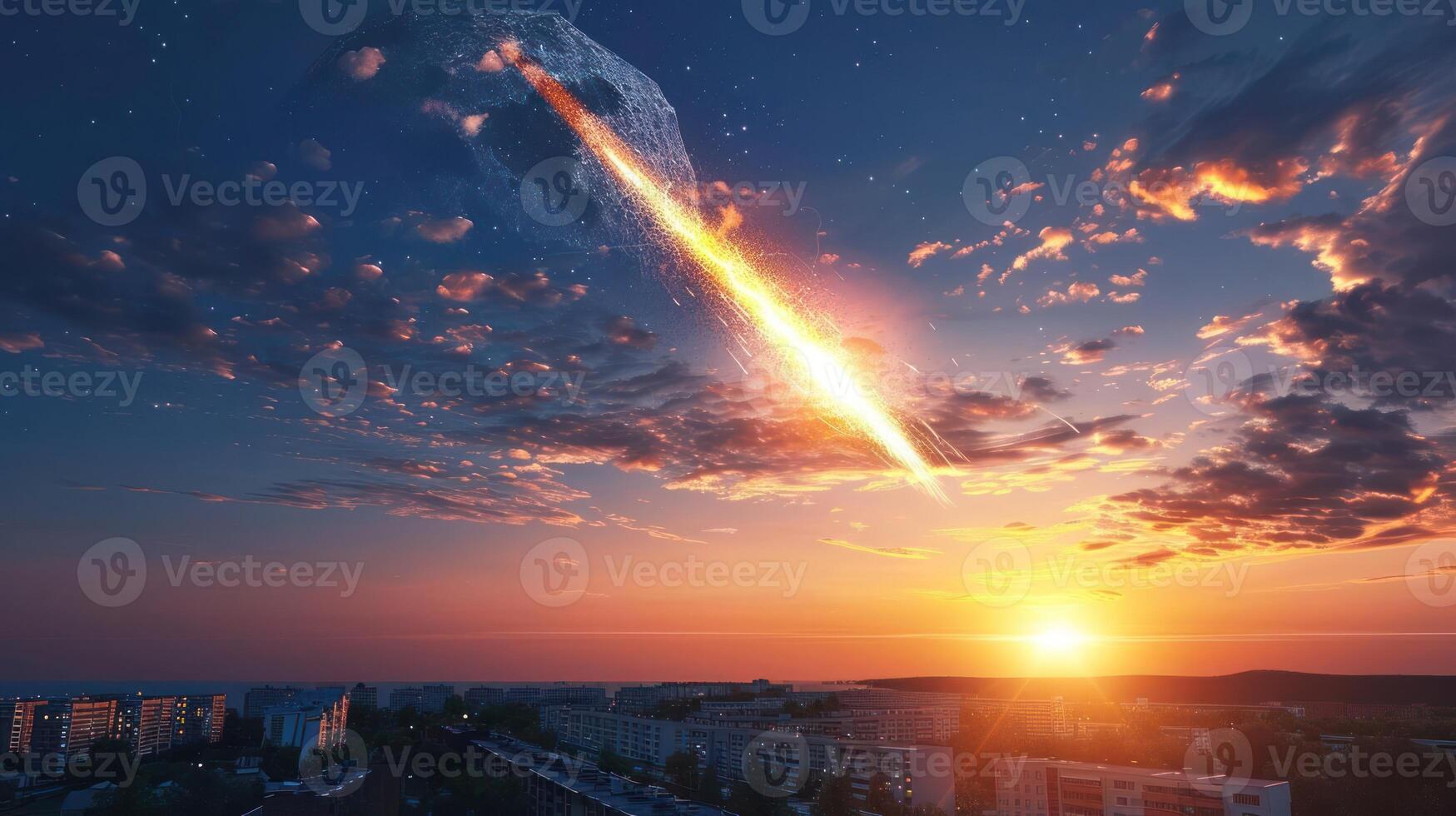 Dramatic sunset over a cityscape with a meteor streaking across the sky, creating awe photo