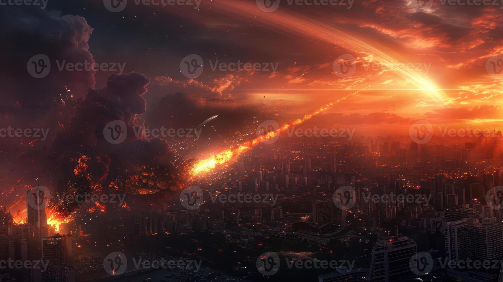 A fiery meteor streaks across a city skyline at sunset, igniting buildings and chaos below photo