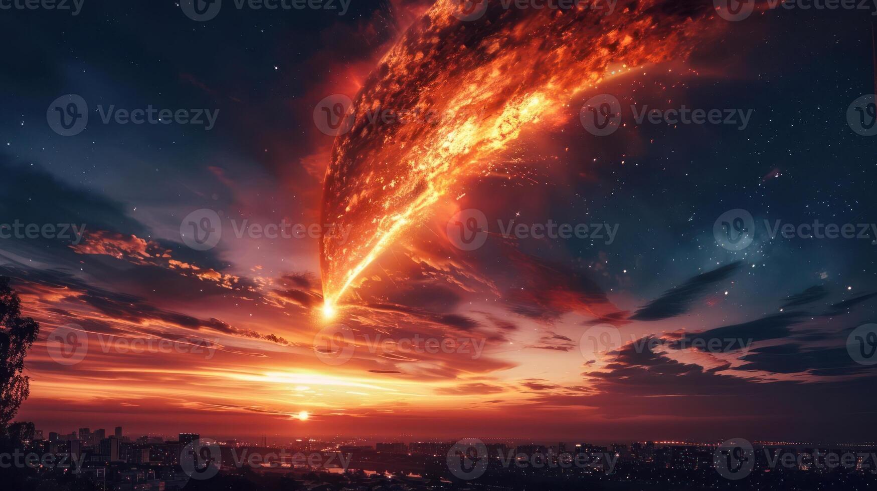 A fiery meteor streaks across a vibrant sunset sky over a city skyline, creating awe and wonder photo
