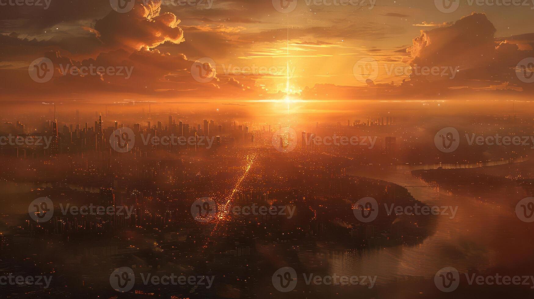 A breathtaking sunset over a sprawling city skyline, with shimmering reflections on the river below photo