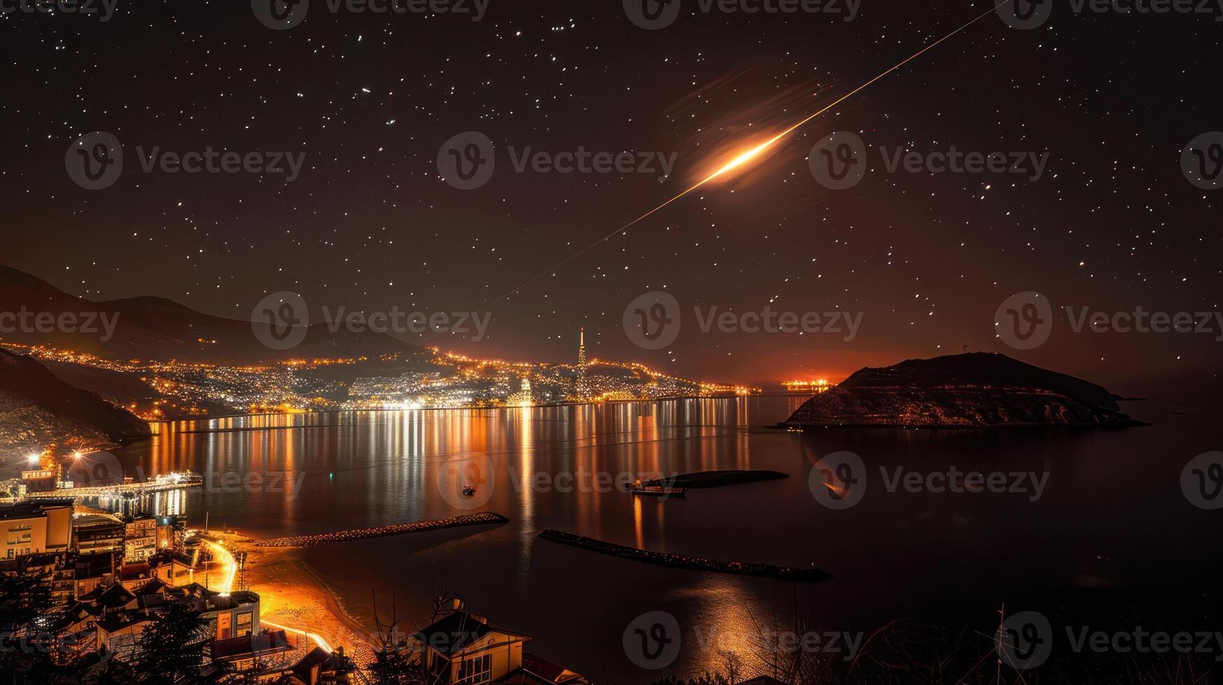 Nighttime coastal cityscape with a shooting star, illuminated buildings, and tranquil water reflections photo