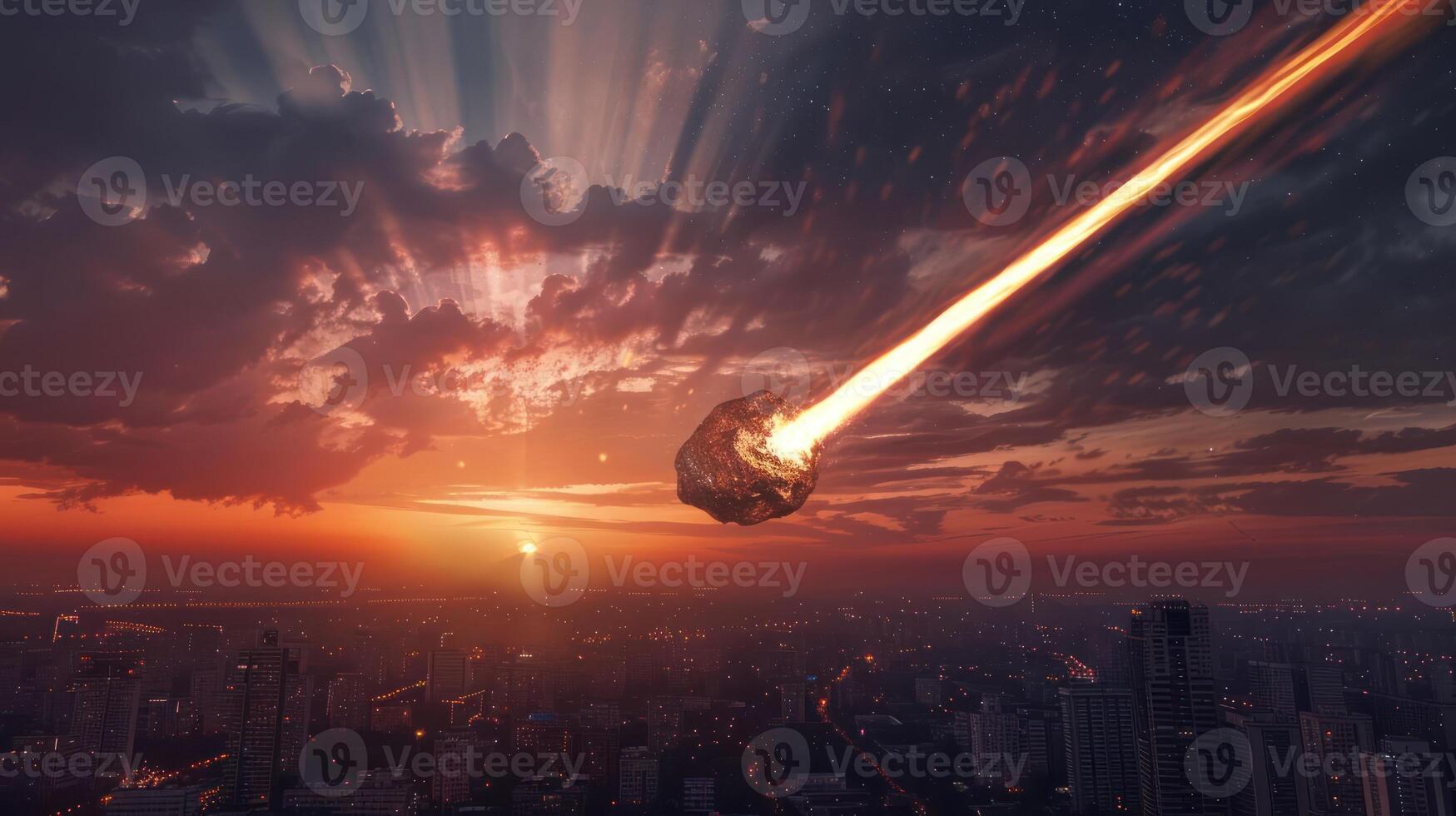 Dramatic sunset over a city skyline with a meteor streaking through the sky, creating awe photo