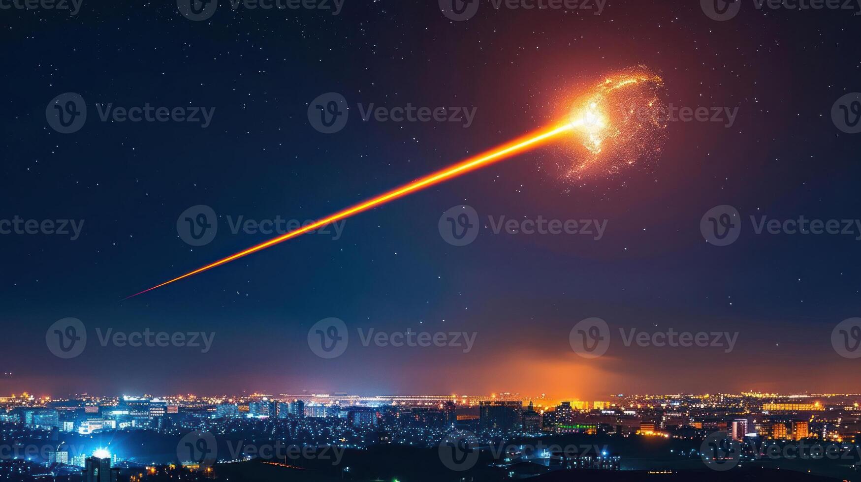 Meteor streaking across a city skyline at night, illuminating the urban landscape below photo