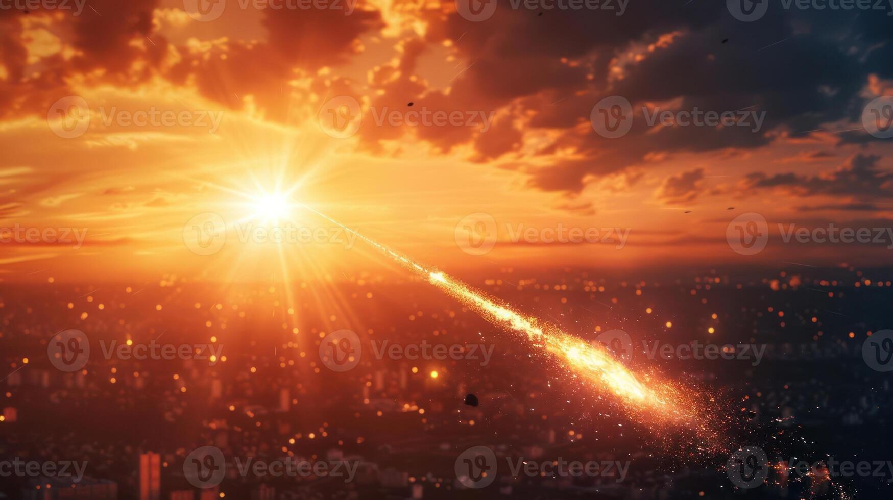 A breathtaking sunset over a bustling city with a meteor streaking across the sky photo