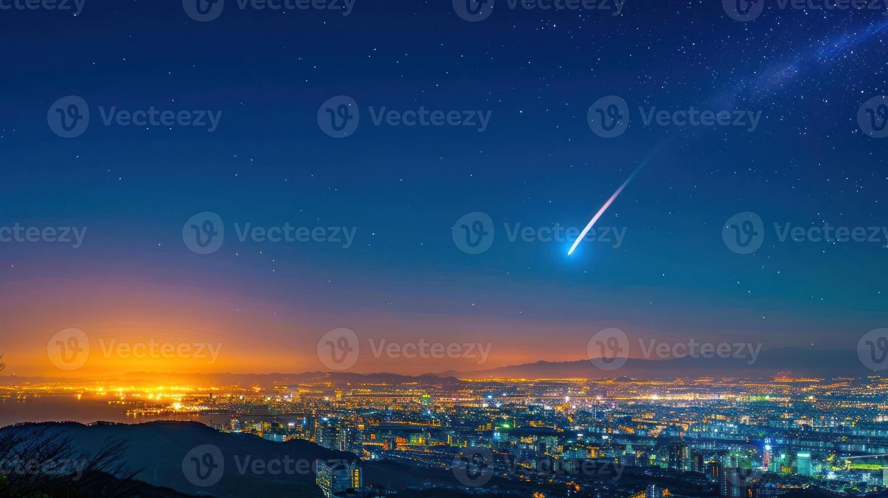 Stunning night skyline captures a meteor shower over a vibrant city illuminated by lights photo