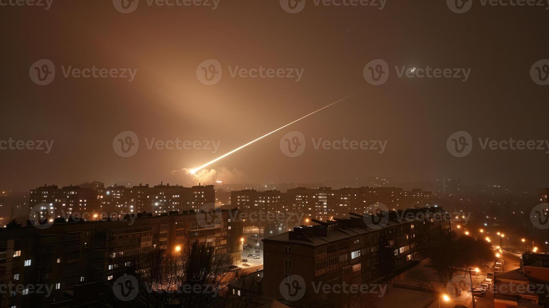 Nighttime cityscape illuminated by a meteor streaking across the sky over residential buildings photo