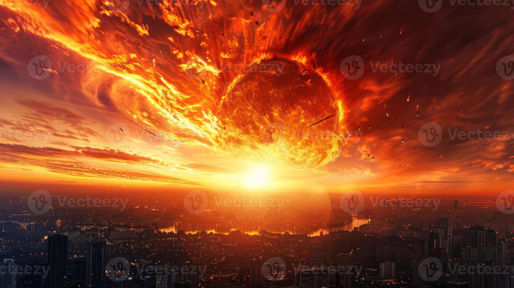 Dramatic sunset over a city skyline with fiery clouds and a massive sun setting on the horizon photo