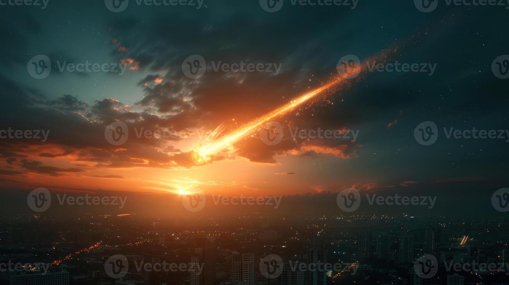 Dramatic sunset with a meteor streaking through the sky over a bustling city skyline photo