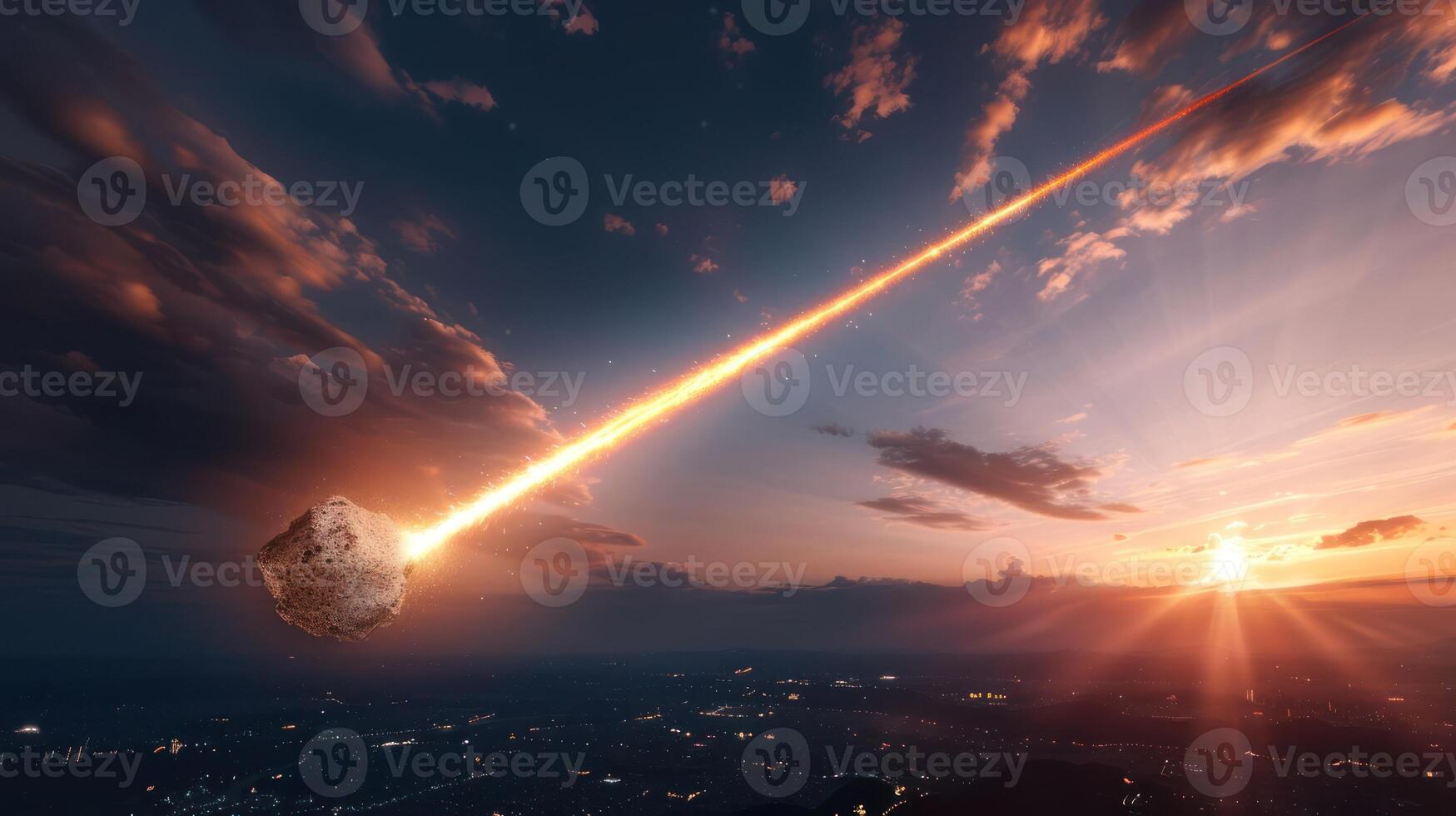 Meteor streaking through a vibrant sunset sky over a cityscape, creating a dramatic scene photo